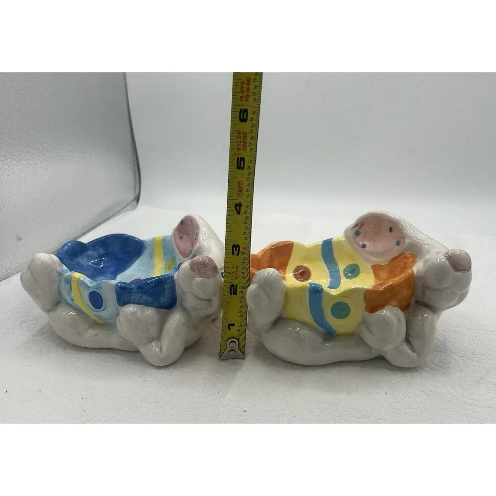 2 Colorful Easter Bunny White Rabbit Ceramic Soap Trinket Dish Tray Easter Egg